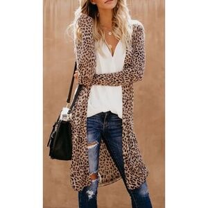 Leopard animal print open cardigan longline M casual cozy layering cheetah peach